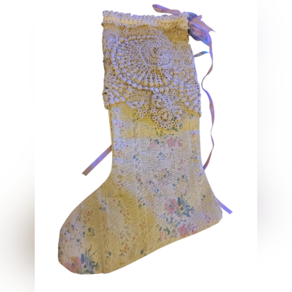 Handcrafted Christmas Stocking Antique Lace Over Floral Cotton Satin Rosettes - Picture 5 of 10